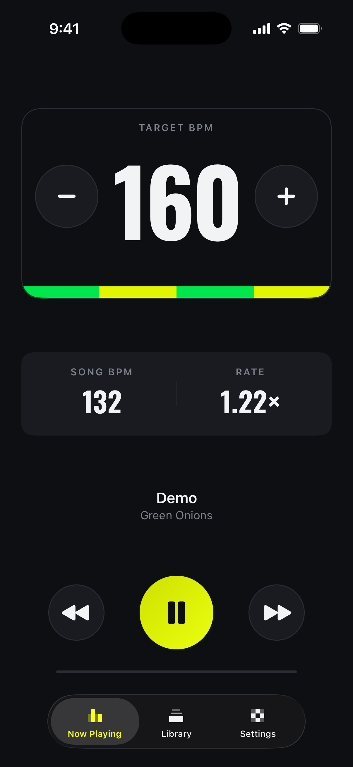 Green Onions Now Playing screen: target 160 BPM, the song 132 BPM, playing at 1.22× to bridge them